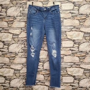 Indigo Rein Womens Skinny Jeans Size 11 Ankle Raw Hems Distressed Denim Pockets